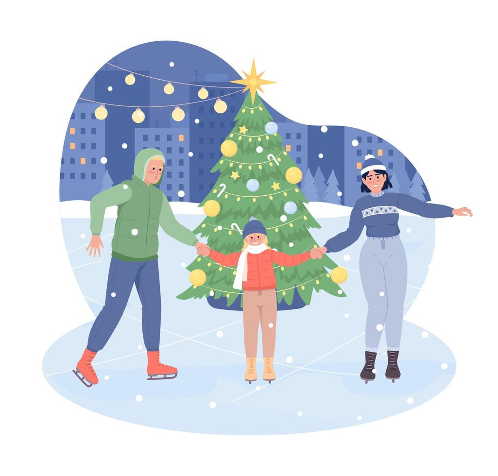 ijs het schaatsen met familie 2d vector geïsoleerd illustratie. vakantie recreatie vlak tekens Aan tekenfilm achtergrond. kersttijd kleurrijk bewerkbare tafereel voor mobiel, website, presentatie