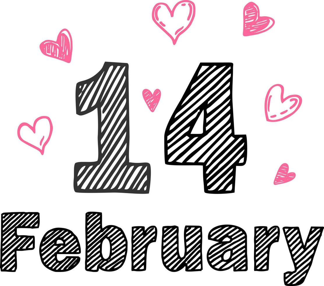 14e februari inscriptie. kalender 14 februari. gelukkig Valentijnsdag dag schetsen. zwart en roze hand getekend harten. vector