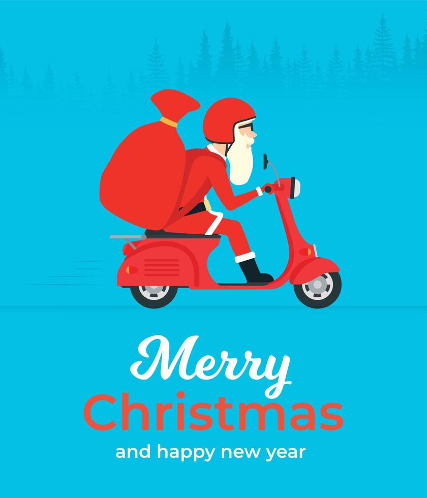vrolijk Kerstmis en gelukkig nieuw jaar concept ontwerp vlak spandoek. de kerstman ritten een motor scooter vector