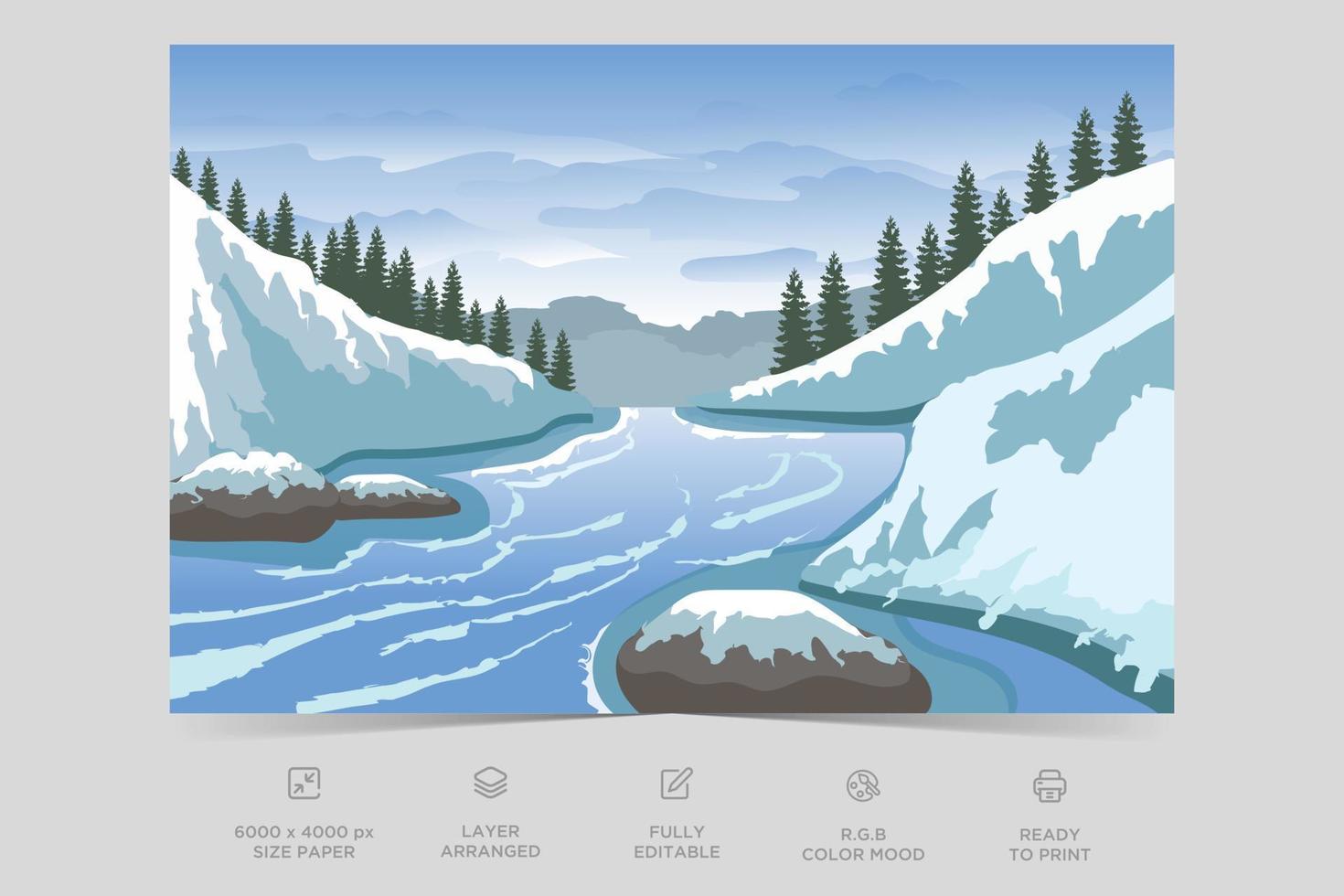mooi ijs rivier- kant natuur tafereel vlak illustratie landschap ontwerp achtergrond sjabloon vector