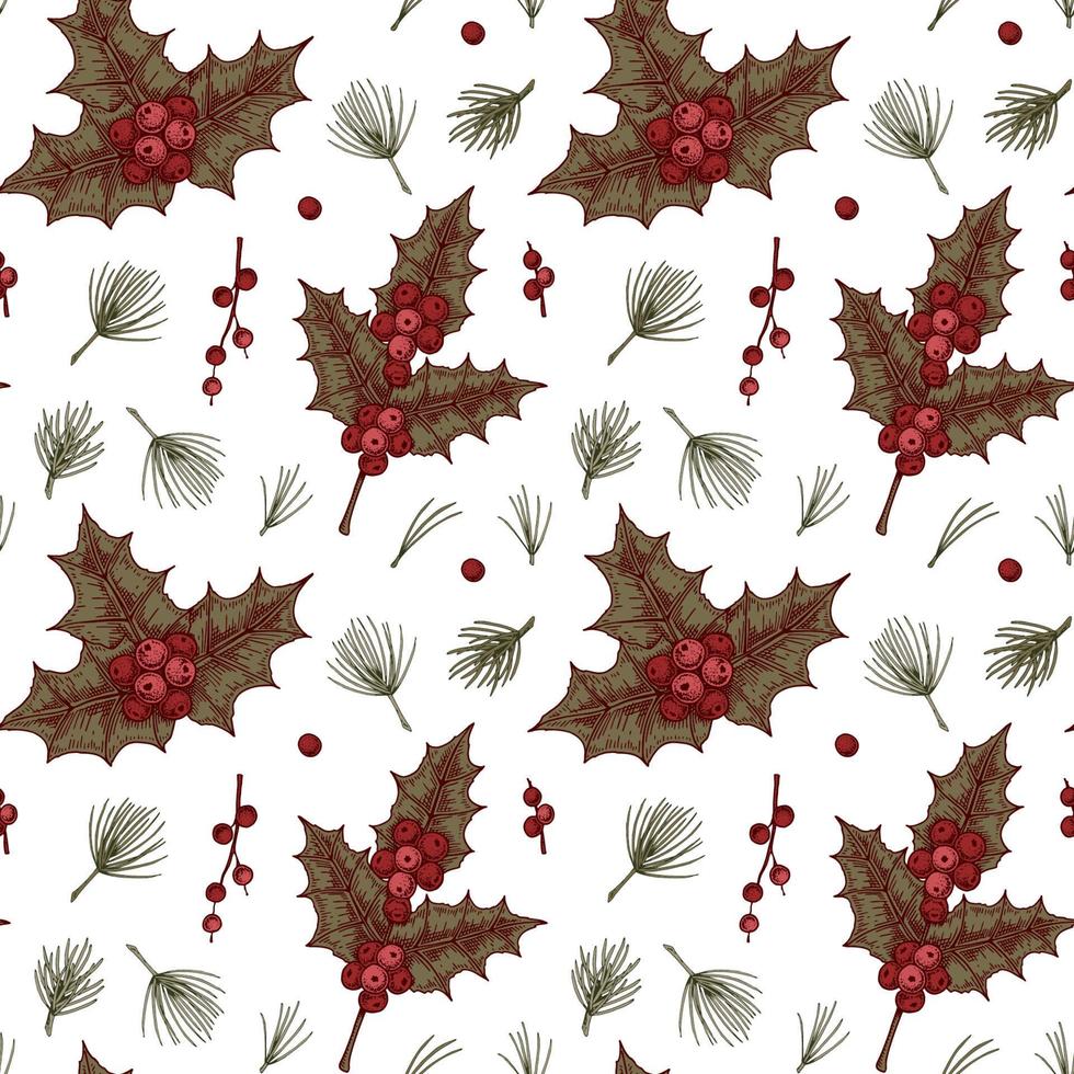 vrolijk Kerstmis en gelukkig nieuw jaar naadloos patroon met hulst bladeren en bessen. vector illustratie in schetsen stijl. feestelijk achtergrond