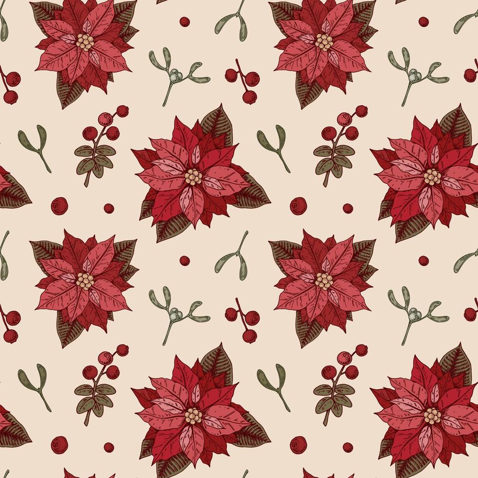 vrolijk Kerstmis en gelukkig nieuw jaar naadloos patroon met kerstster bloemen. vector illustratie in schetsen stijl. feestelijk achtergrond