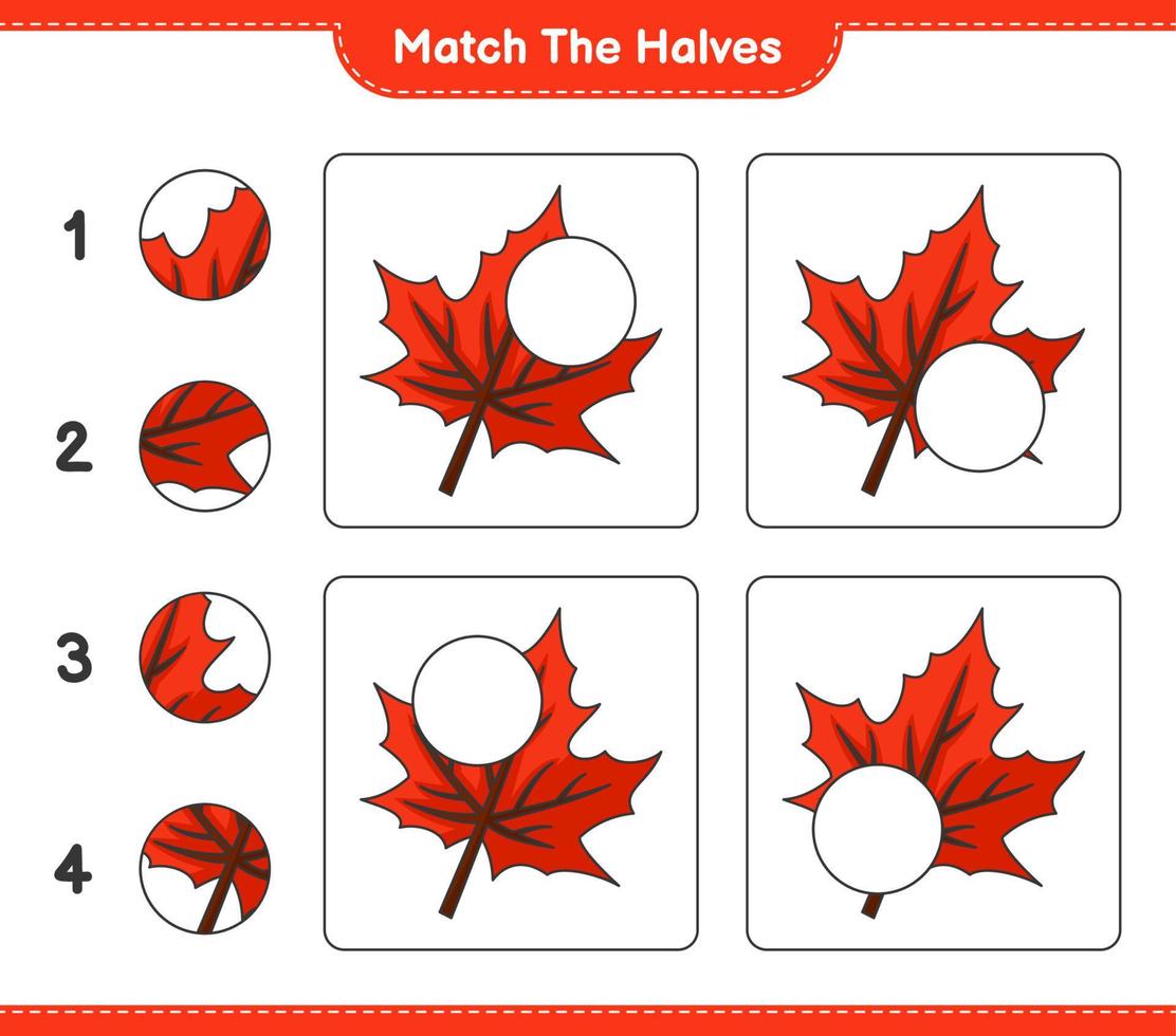 bij elkaar passen de helften. bij elkaar passen helften van esdoorn- blad. leerzaam kinderen spel, afdrukbare werkblad, vector illustratie