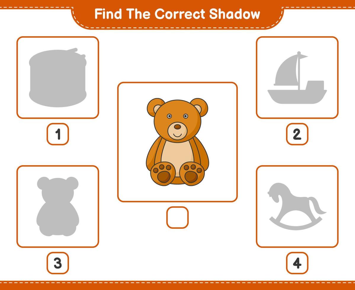 vind de correct schaduw. vind en bij elkaar passen de correct schaduw van teddy beer. leerzaam kinderen spel, afdrukbare werkblad, vector illustratie