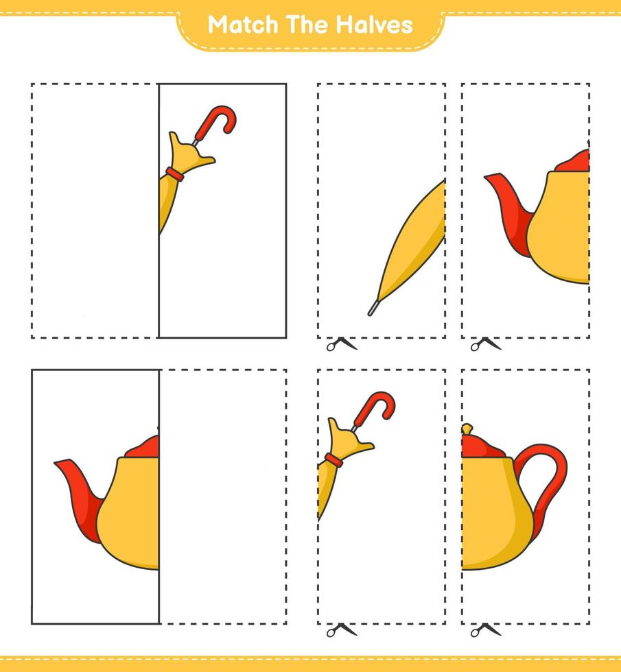 bij elkaar passen de helften. bij elkaar passen helften van theepot en paraplu. leerzaam kinderen spel, afdrukbare werkblad, vector illustratie