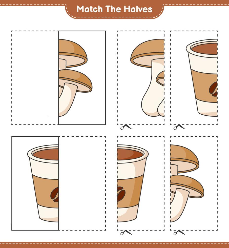 bij elkaar passen de helften. bij elkaar passen helften van shiitake en koffie beker. leerzaam kinderen spel, afdrukbare werkblad, vector illustratie