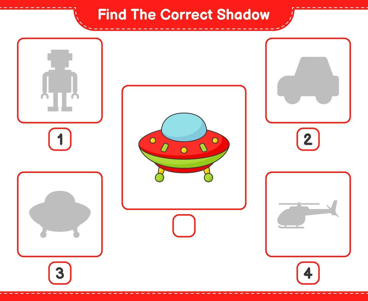 vind de correct schaduw. vind en bij elkaar passen de correct schaduw van ufo. leerzaam kinderen spel, afdrukbare werkblad, vector illustratie