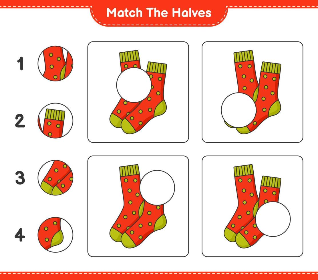 bij elkaar passen de helften. bij elkaar passen helften van sokken. leerzaam kinderen spel, afdrukbare werkblad, vector illustratie