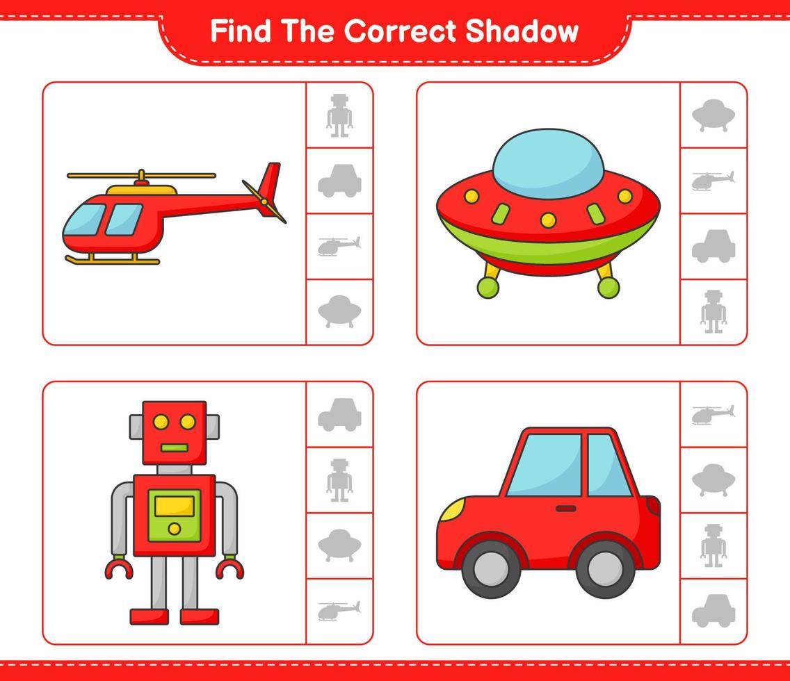 vind de correct schaduw. vind en bij elkaar passen de correct schaduw van helikopter, ufo, robot karakter, en auto. leerzaam kinderen spel, afdrukbare werkblad, vector illustratie