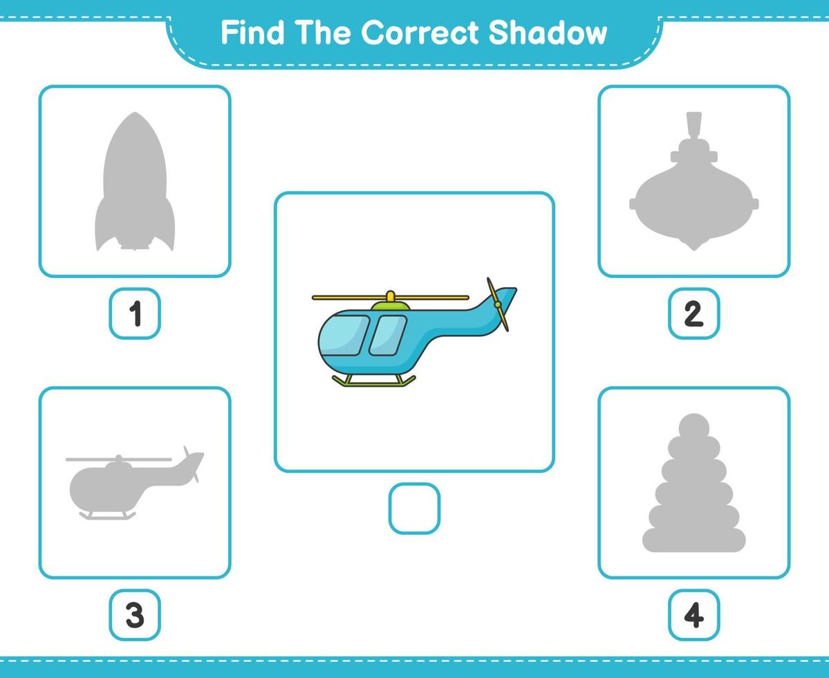vind de correct schaduw. vind en bij elkaar passen de correct schaduw van helikopter. leerzaam kinderen spel, afdrukbare werkblad, vector illustratie
