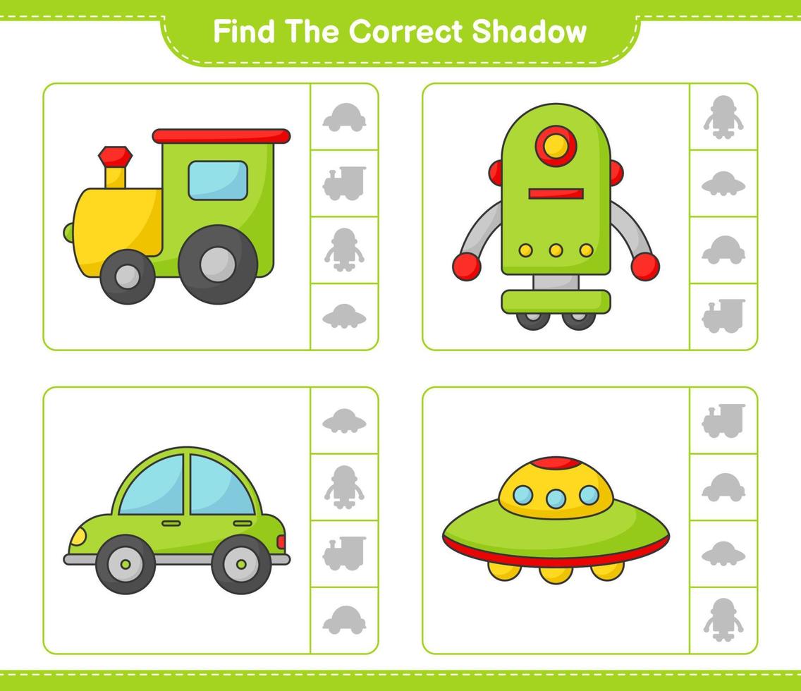 vind de correct schaduw. vind en bij elkaar passen de correct schaduw van trein, robot karakter, auto, en ufo. leerzaam kinderen spel, afdrukbare werkblad, vector illustratie