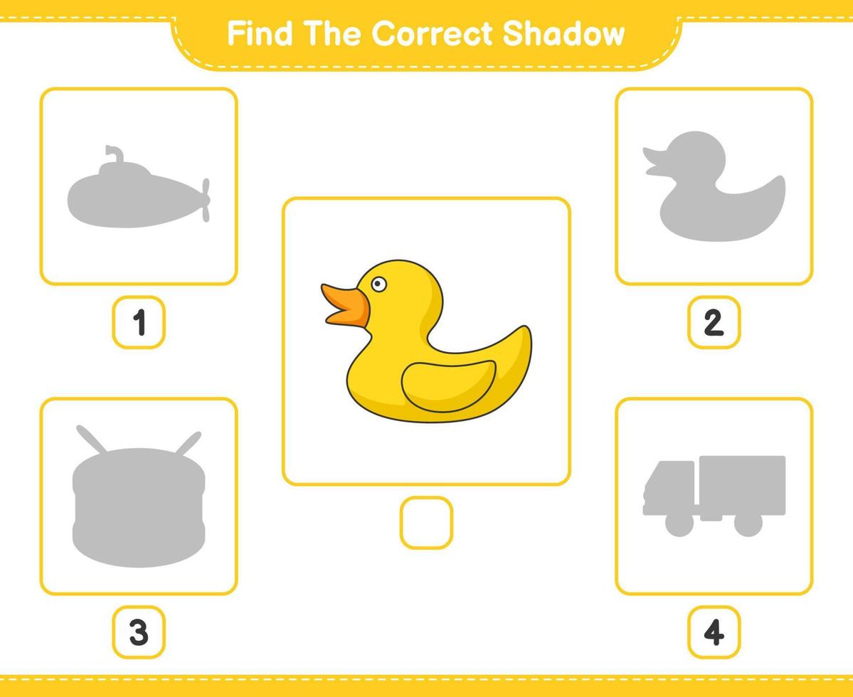 vind de correct schaduw. vind en bij elkaar passen de correct schaduw van rubber eend. leerzaam kinderen spel, afdrukbare werkblad, vector illustratie