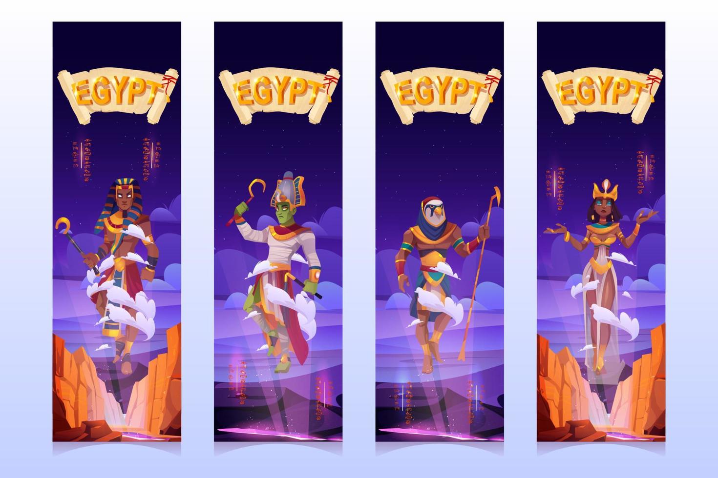 Egyptische goden tekenfilm verticaal vector banners reeks