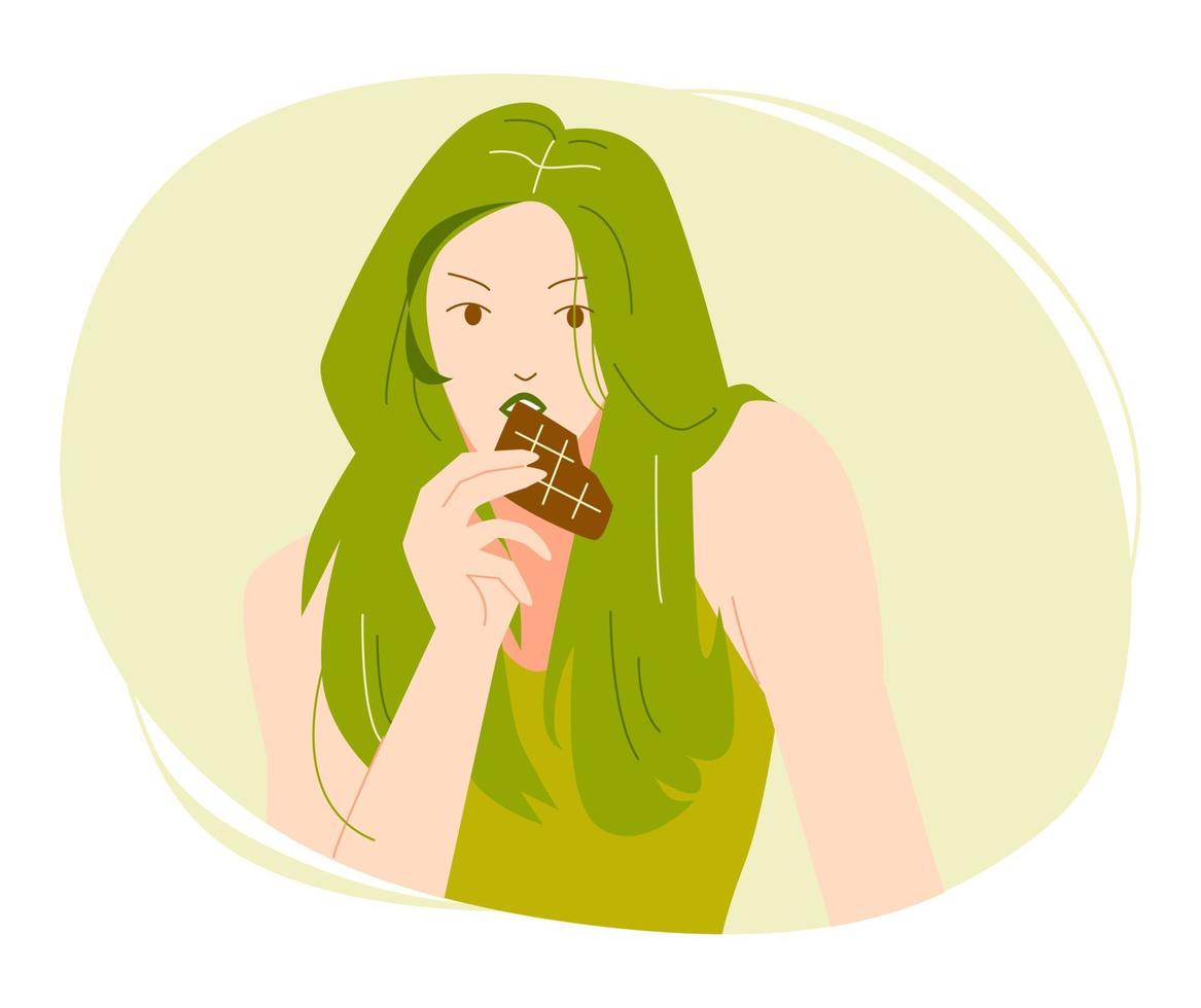 mooi vrouw aan het eten chocola bar geschikt voor de thema van voedsel, zoet, tussendoortje, afdrukken, enz. vlak vector illustratie