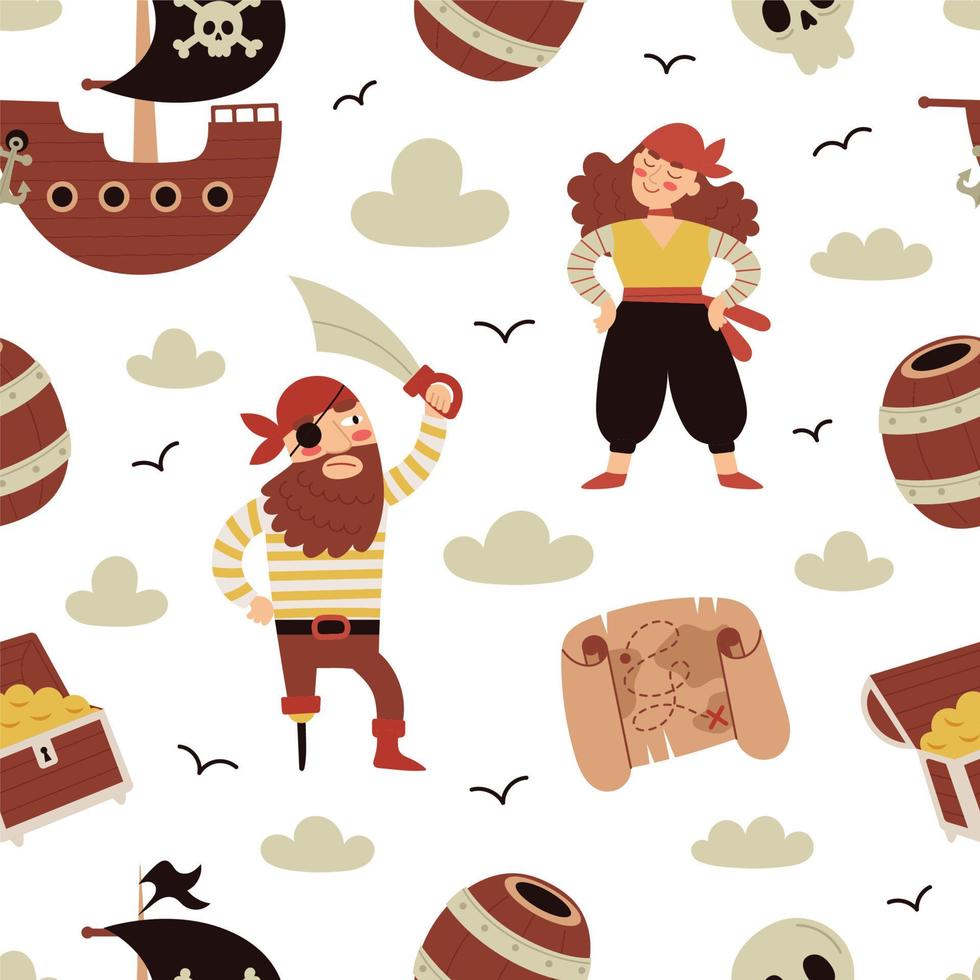 mobiel naadloos patroon met piraat elementen. kinderen vector illustratie. schedel, schip, zee, gekruiste knekels, loop, borst, anker, rum.