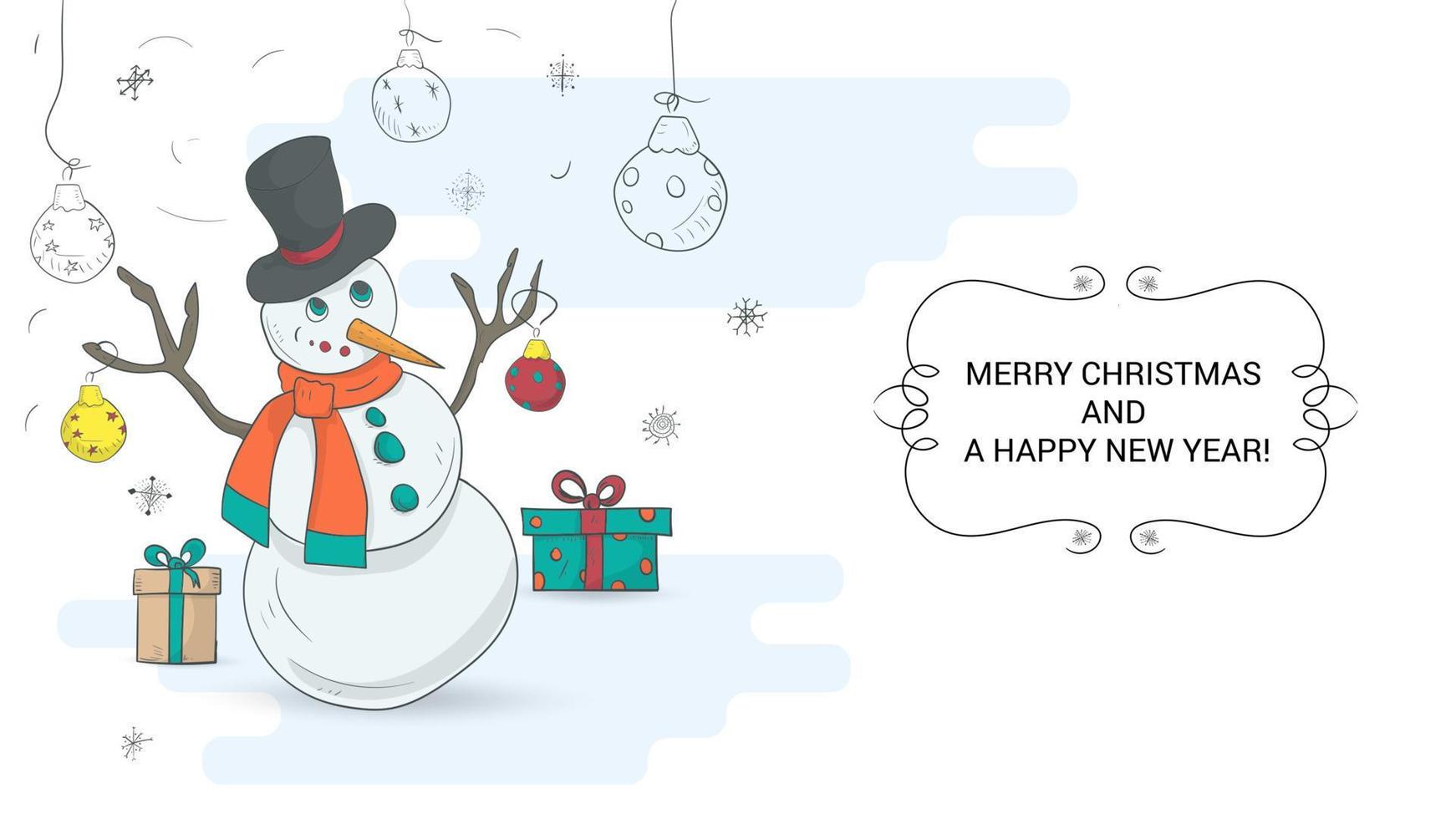 banier voor Kerstmis en nieuw jaar ontwerp in de stijl van kinderen tekening sneeuwman tussen cadeaus en Kerstmis ballen vector