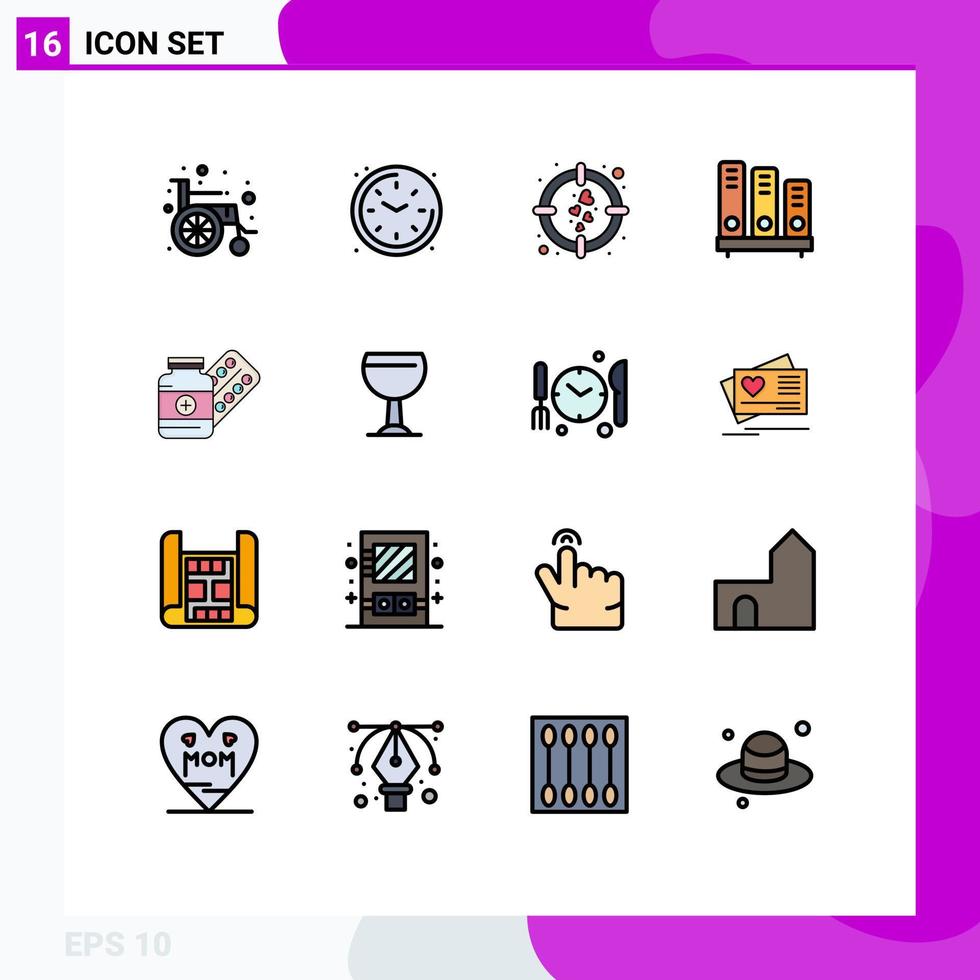 16 vlak kleur gevulde lijn concept voor websites mobiel en apps pil schappen liefde school- bibliotheek bewerkbare creatief vector ontwerp elementen