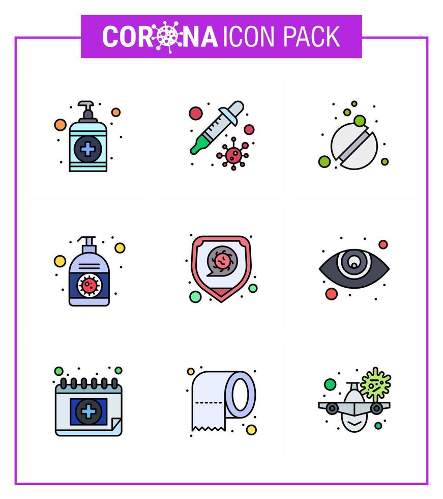 covid19 bescherming coronavirus pendamisch 9 gevulde lijn vlak kleur icoon reeks zo net zo ziekte hand- geneeskunde corona lotion virale coronavirus 2019november ziekte vector ontwerp elementen
