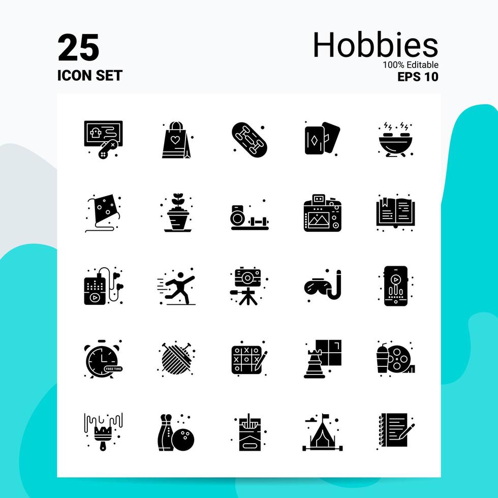 25 hobby's icoon reeks 100 bewerkbare eps 10 bestanden bedrijf logo concept ideeën solide glyph icoon ontwerp vector