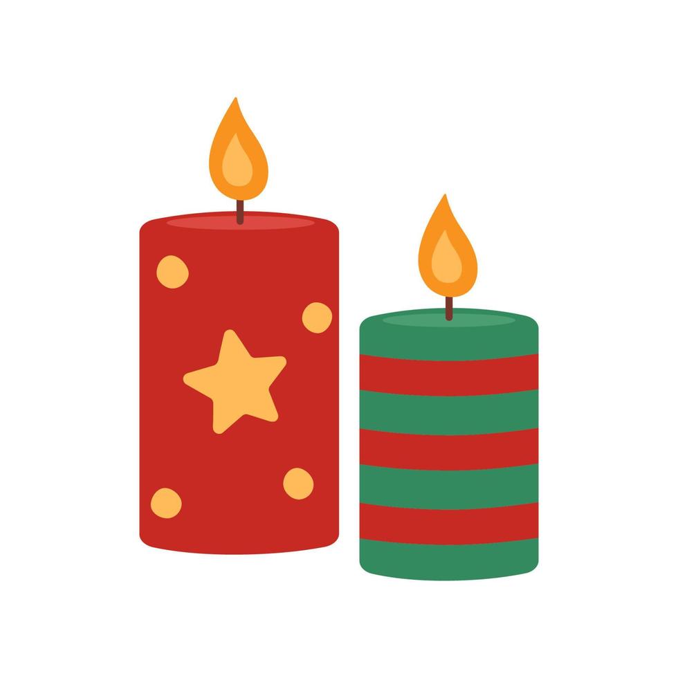 Kerstmis brandend kaarsen geïsoleerd Aan wit achtergrond. een rood kaars met een ster en een groen gestript kaars. nieuw jaar decoratie. vector vlak illustratie