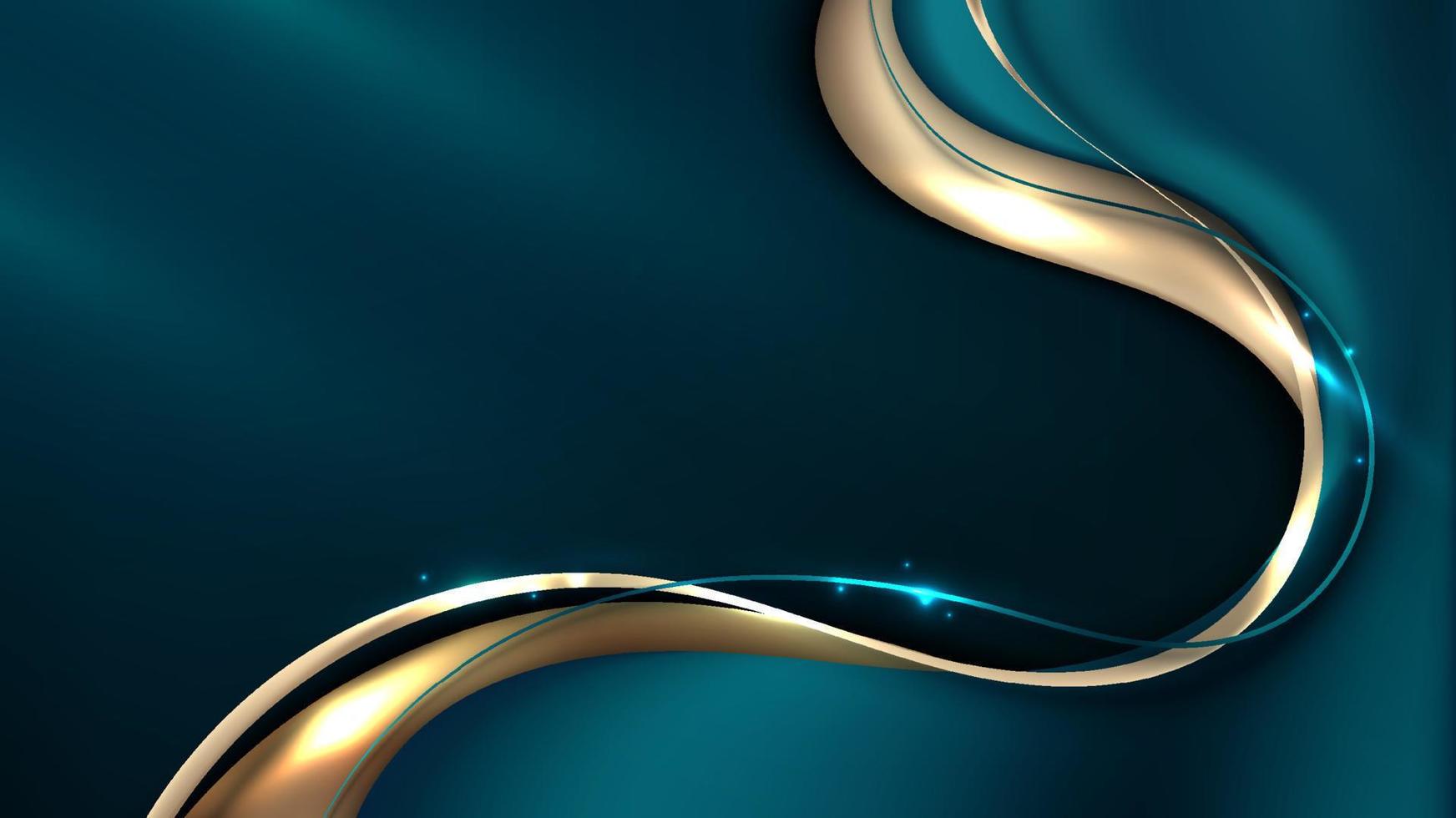 abstract 3d luxe blauw smaragd en goud kleur vloeistof helling vormen met glimmend gouden lint Golf lijn decoratie en schitteren verlichting Aan donker achtergrond vector