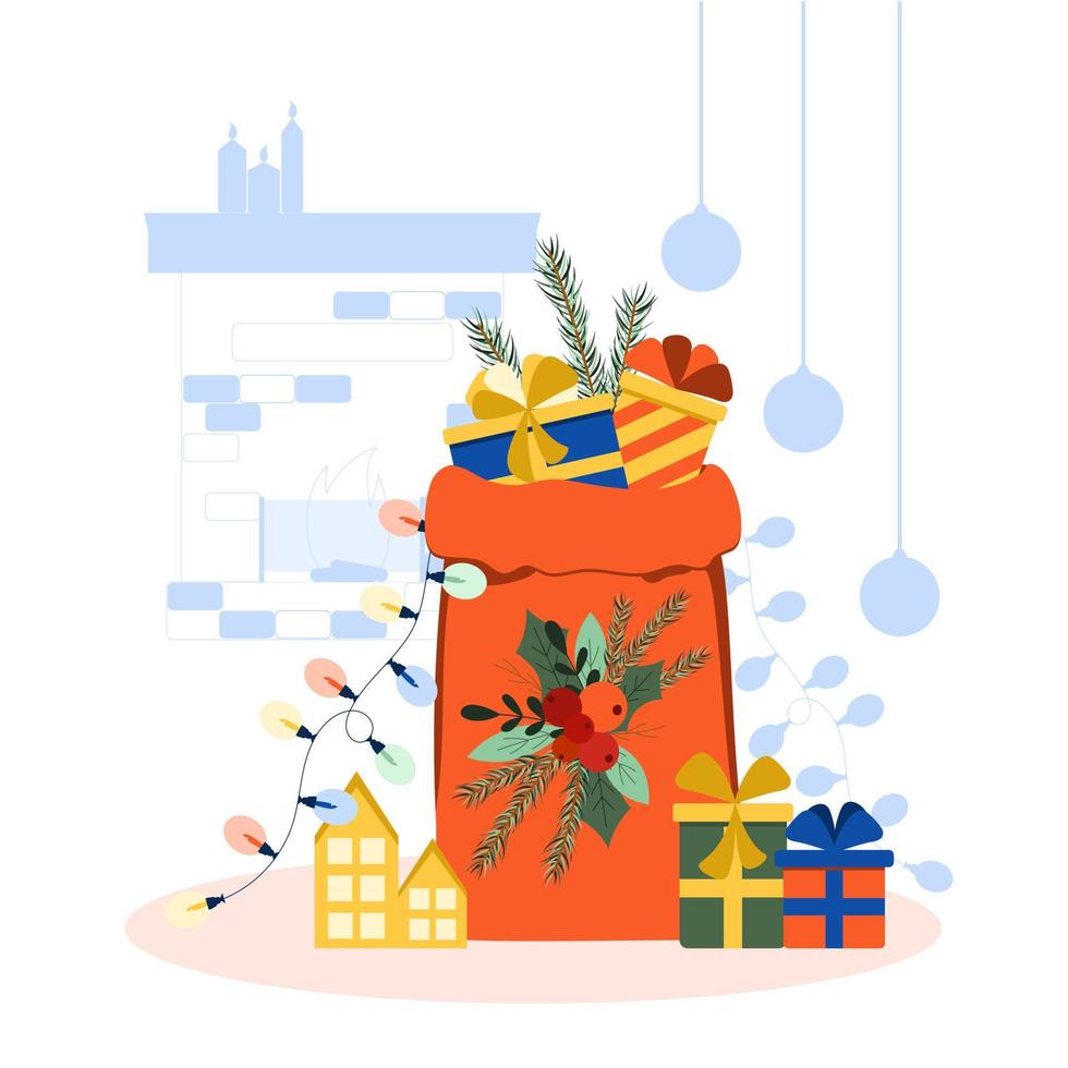 vol geschenk Open de kerstman claus rood tas. Kerstmis zak vol van presenteert pakket. vector