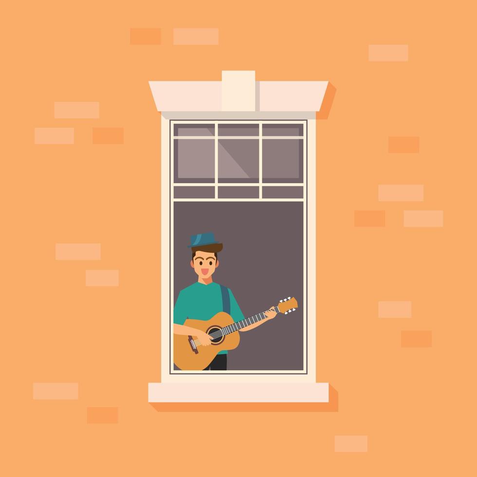 appartement venster met Mens spelen gitaar vector