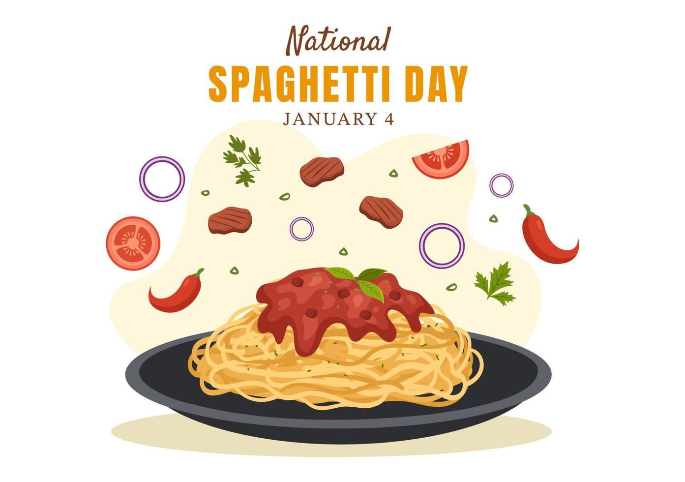 nationaal spaghetti dag Aan 4e januari met een bord van Italiaans noedels of pasta verschillend gerechten in vlak tekenfilm hand- getrokken sjabloon illustratie vector