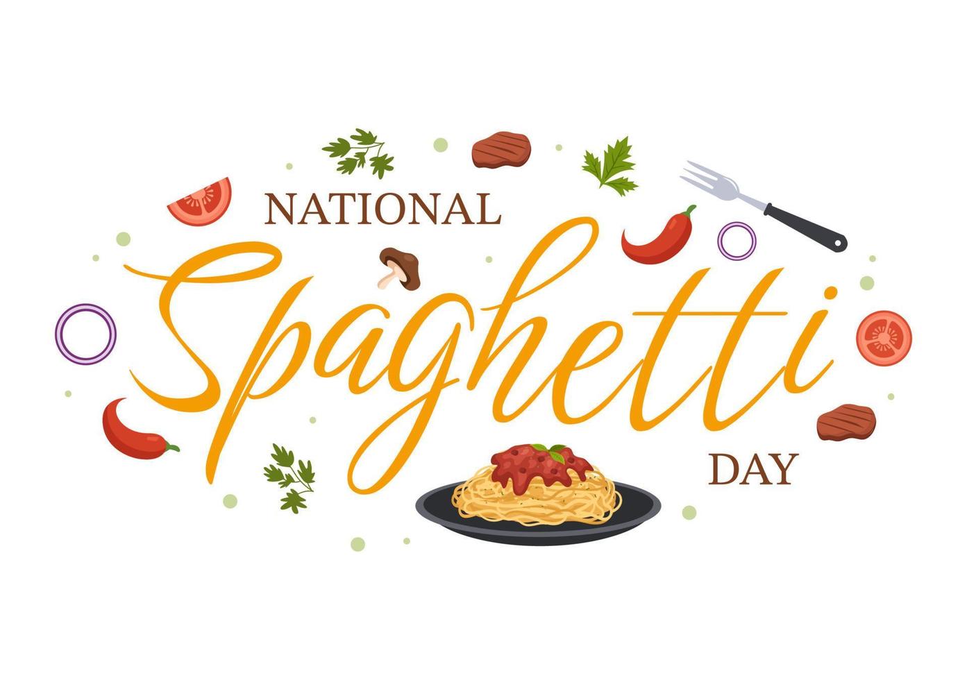 nationaal spaghetti dag Aan 4e januari met een bord van Italiaans noedels of pasta verschillend gerechten in vlak tekenfilm hand- getrokken sjabloon illustratie vector