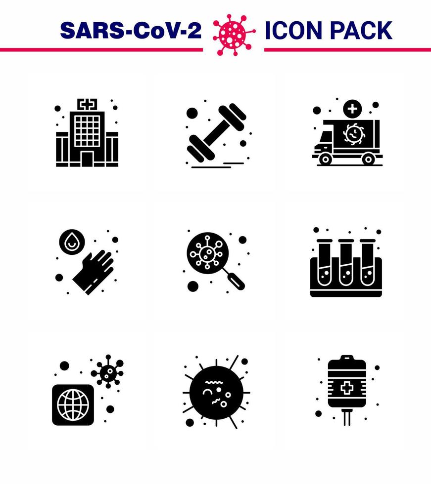 roman coronavirus 2019-nCoV 9 solide glyph zwart icoon pak vind het wassen ambulance medisch voertuig virale coronavirus 2019november ziekte vector ontwerp elementen