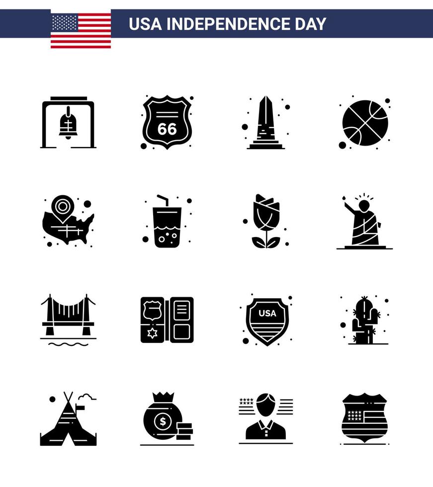 4e juli Verenigde Staten van Amerika gelukkig onafhankelijkheid dag icoon symbolen groep van 16 modern solide glyphs van kaart sport- mijlpaal bal Washington bewerkbare Verenigde Staten van Amerika dag vector ontwerp elementen