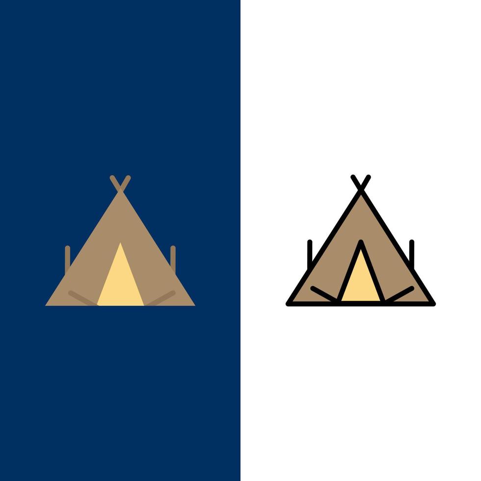 kamp tent wigwam voorjaar pictogrammen vlak en lijn gevulde icoon reeks vector blauw achtergrond