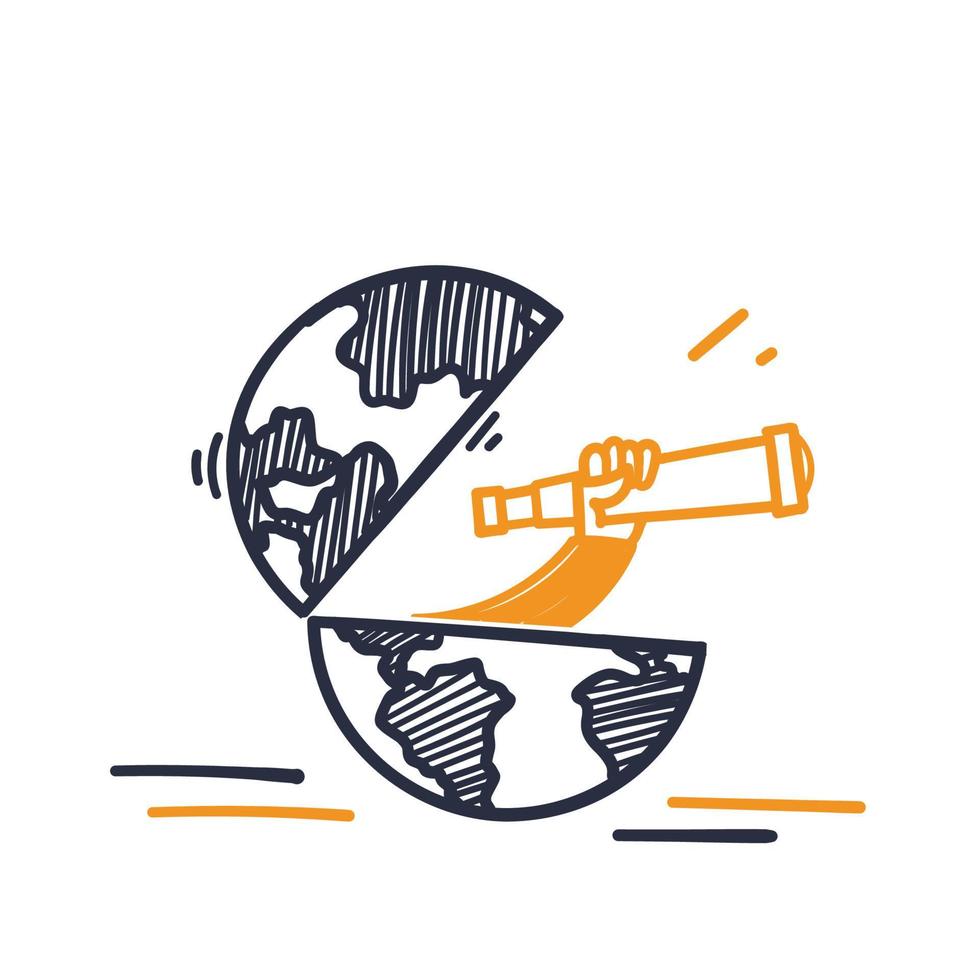 hand- getrokken tekening persoon op zoek van wereldbol met kijker illustratie vector