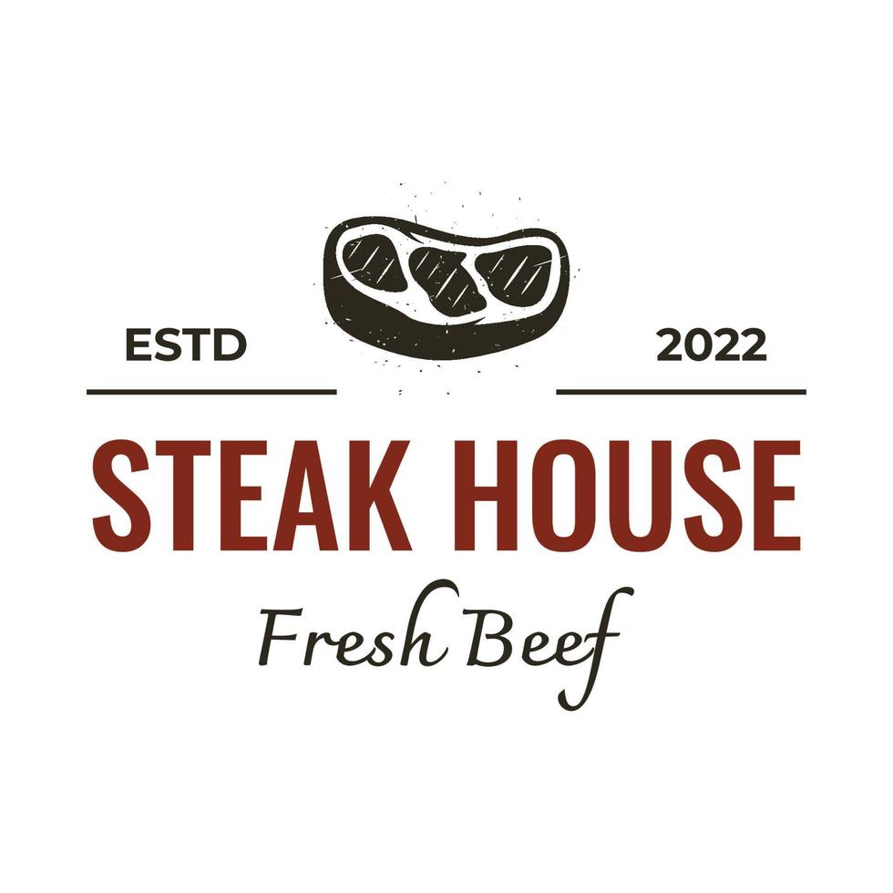 steak huis of wijnoogst vers vlees logo design.premium kwaliteit gegrild vlees.typografie insigne voor retro restaurant, bar en cafe. vector