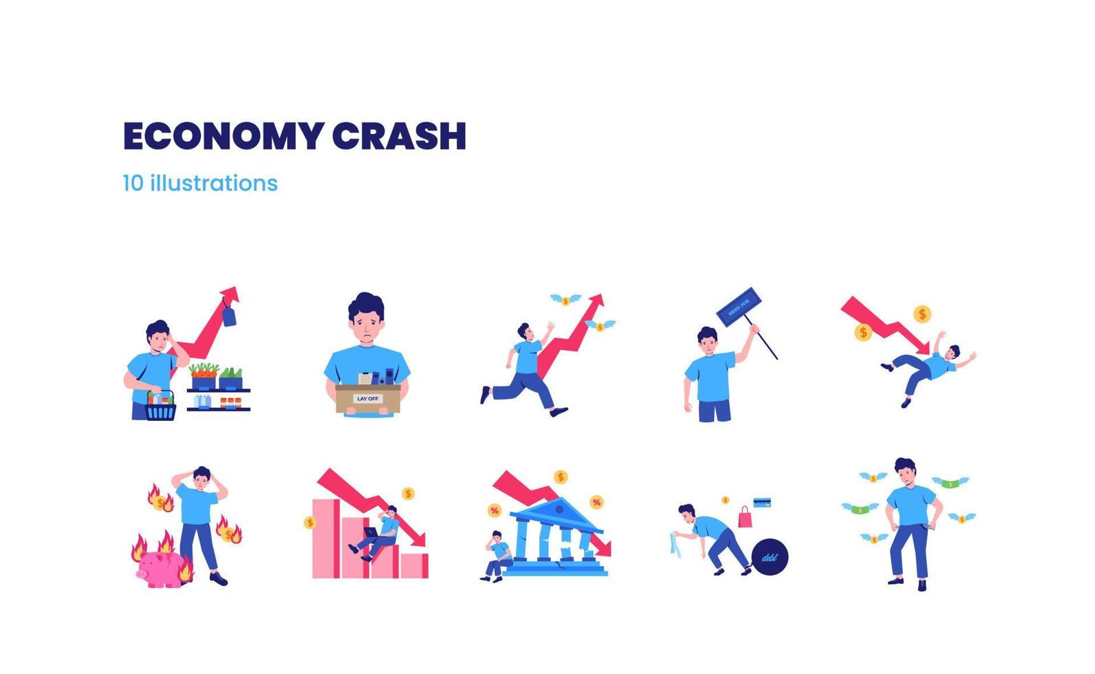 economie Botsing crisis depressie illustratie reeks neerwaartse trend failliet inflatie leggen uit schuld vector