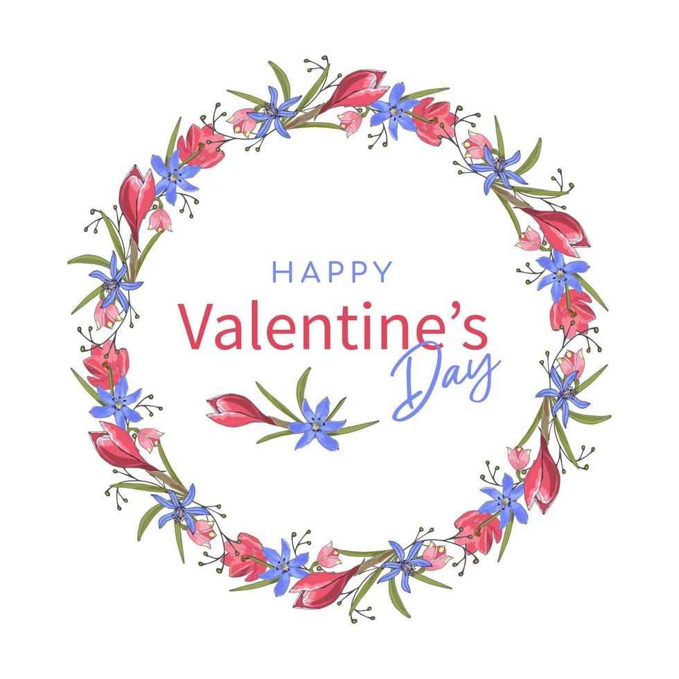 valentijnsdag dag opschrift kaart met krans tekening rood paars bloemen hand- getrokken. vector
