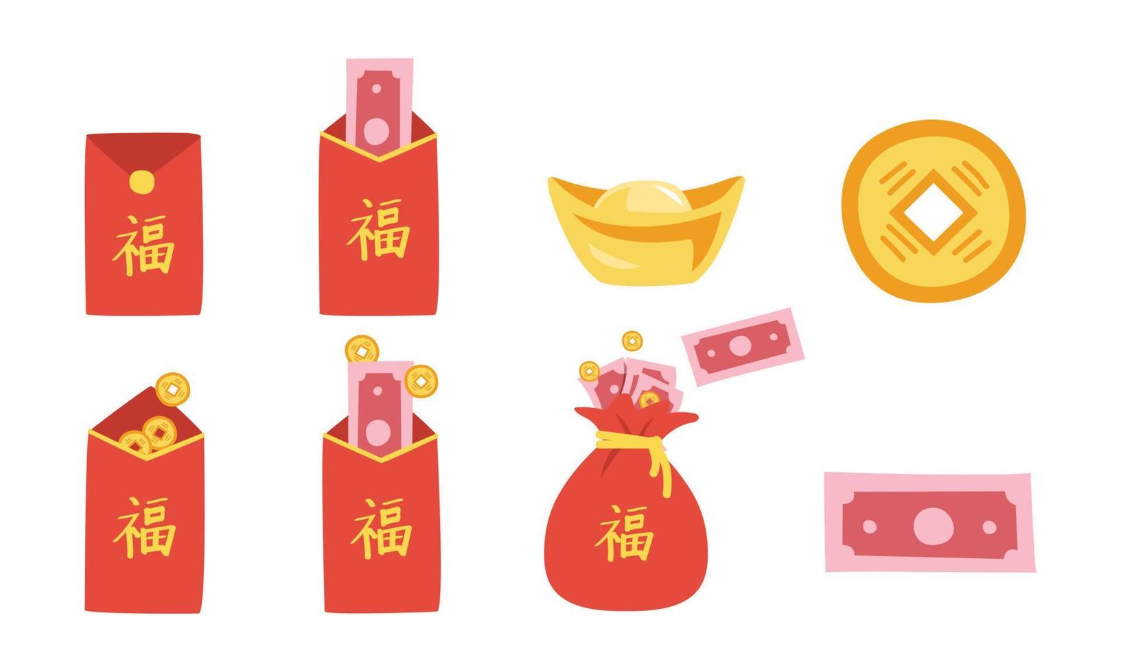 vector reeks van Chinese nieuw jaar geld clip art. gemakkelijk Chinese rood envelop, goud ingots, oude gouden munt met gat, geld zak vlak vector illustratie tekenfilm tekening. Chinese tekst middelen mooi zo geluk