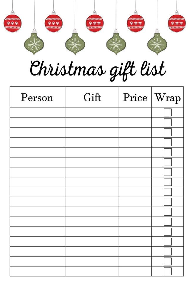 Kerstmis geschenk lijst. blanco afdrukbare verticaal notitieboekje bladzijde. minimalistisch abstract planners. geschikt voor vakantie organisatoren, geschenk kopers. checklist voor planning en buying Kerstmis geschenken. vector