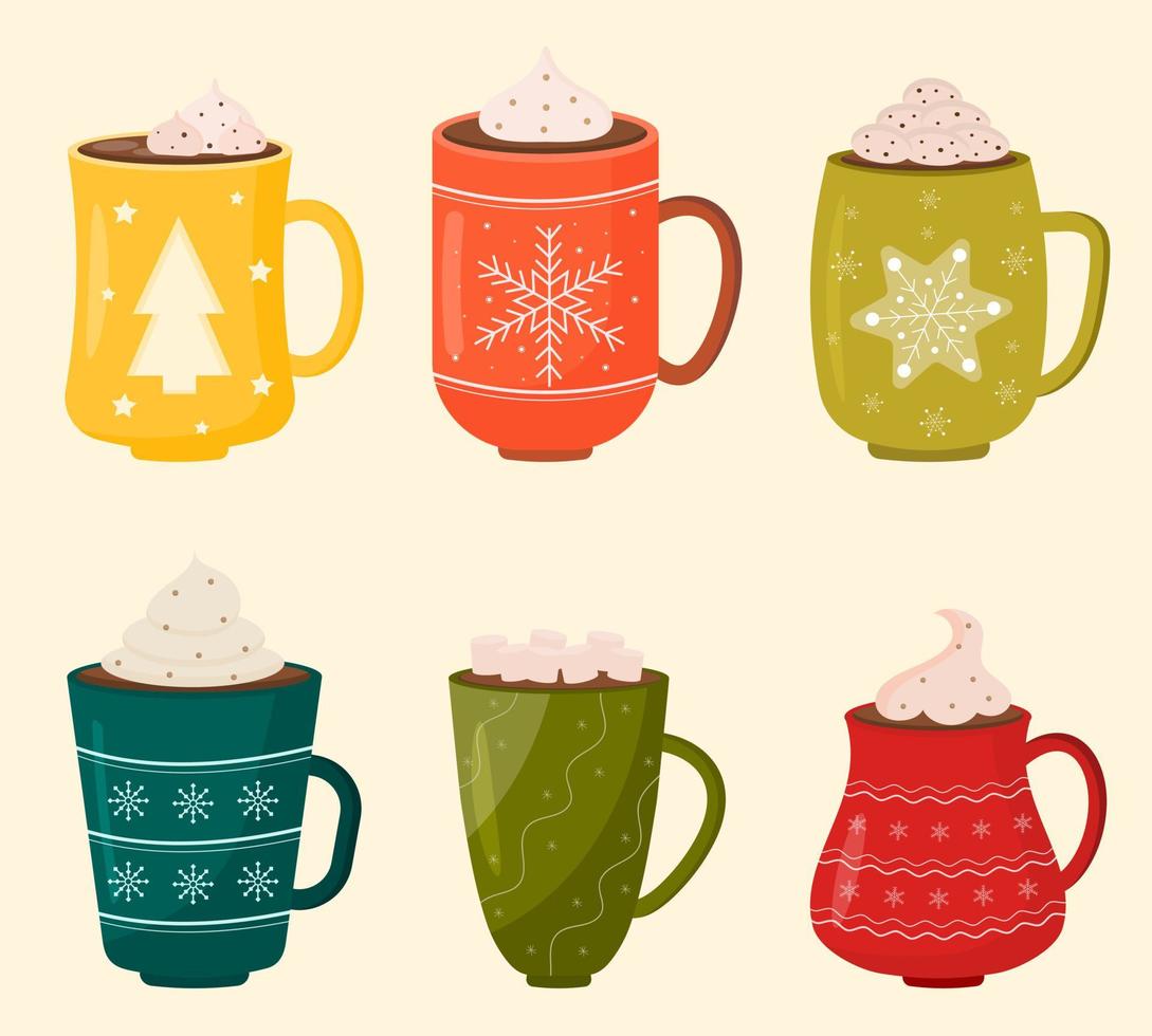 een verzameling van schattig winter mokken met heet drankjes cacao, koffie, cappuccino, decor en room. winter illustratie. Kerstmis vakantie koffie kopjes. Kerstmis heet chocola mok. voor kaart, sticker, uitnodiging. vector