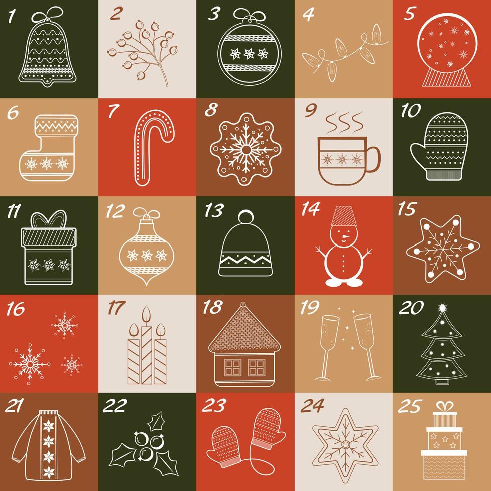 december Kerstmis komst kalender. schattig winter illustratie voor kaart, poster, decor. vakantie poster met traditioneel symbolen. winter ansichtkaart vector creatief sjabloon. Kerstmis poster hand- getrokken stijl.