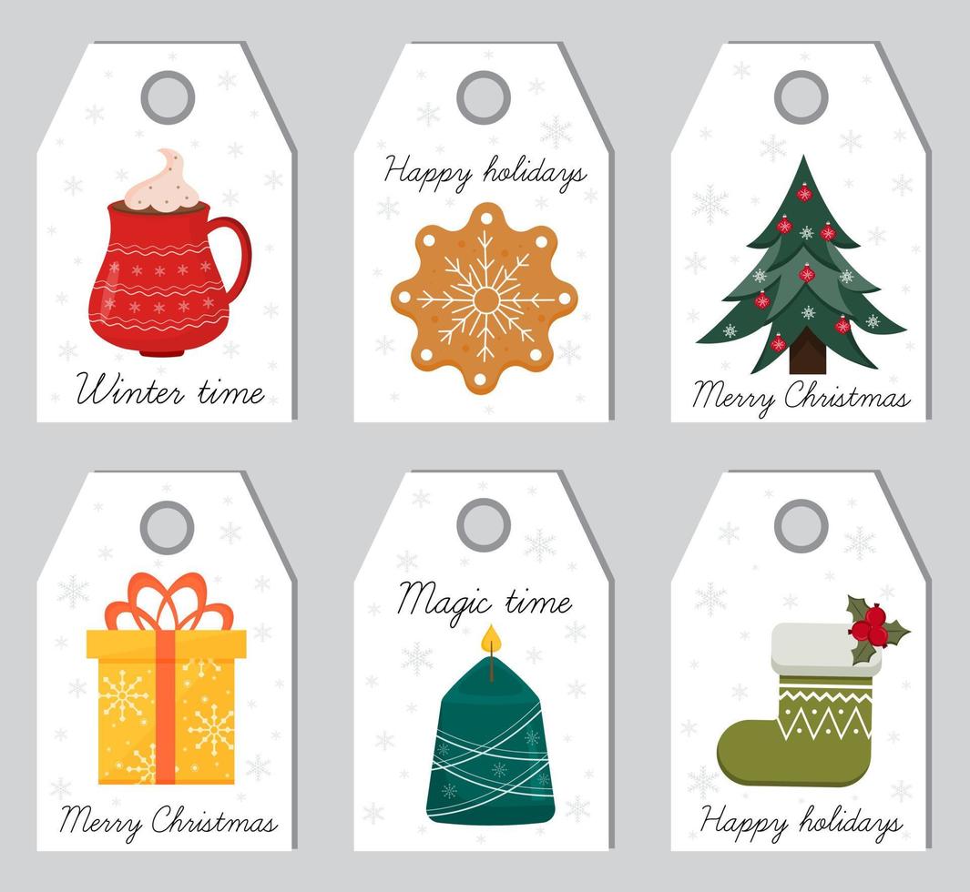 redy naar afdrukken Kerstmis geschenk tags met winter vakantie attributen en hartelijk groeten. sjabloon voor nieuw 2022 jaar, geschenk labels. etiketten Kerstmis set. Kerstmis etiketten voor decoreren cadeaus voor winter vakantie. vector