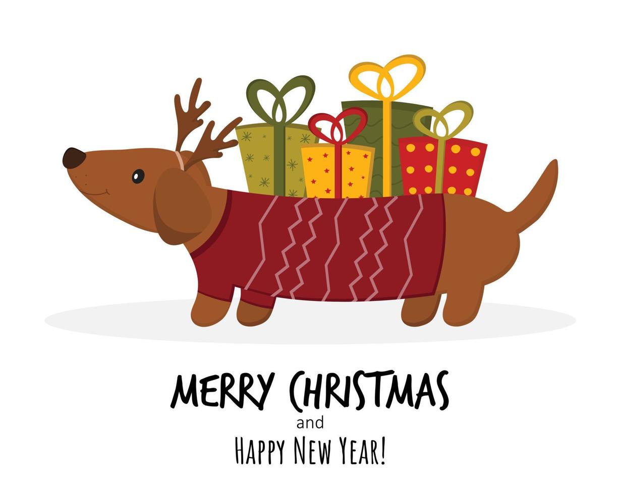 een schattig teckel hond draagt cadeaus voor Kerstmis en nieuw jaar. Kerstmis groet kaart concept. vector vlak illustratie.