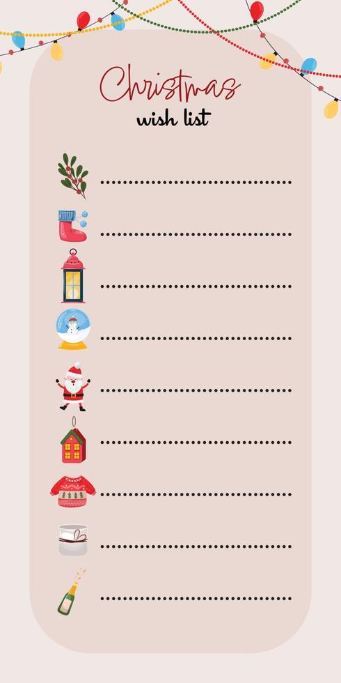 Kerstmis wens lijst met winter vakantie huis decoraties en elementen. voor notities, schrijven, groet, winkelen, planning. Kerstmis wens lijst met vlak tekenfilm illustraties. vector