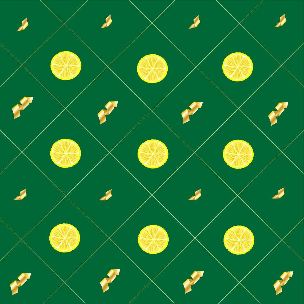 winter Kerstmis omhulsel papier patroon citroen plakjes gouden serpentijn Aan een groen achtergrond vector
