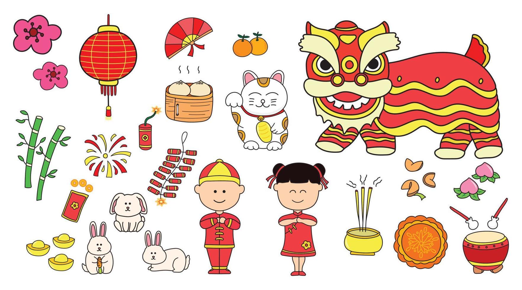 kinderen tekening vector illustratie reeks van Chinese nieuw jaar 2023 en schattig konijn voor Chinese konijn jaar