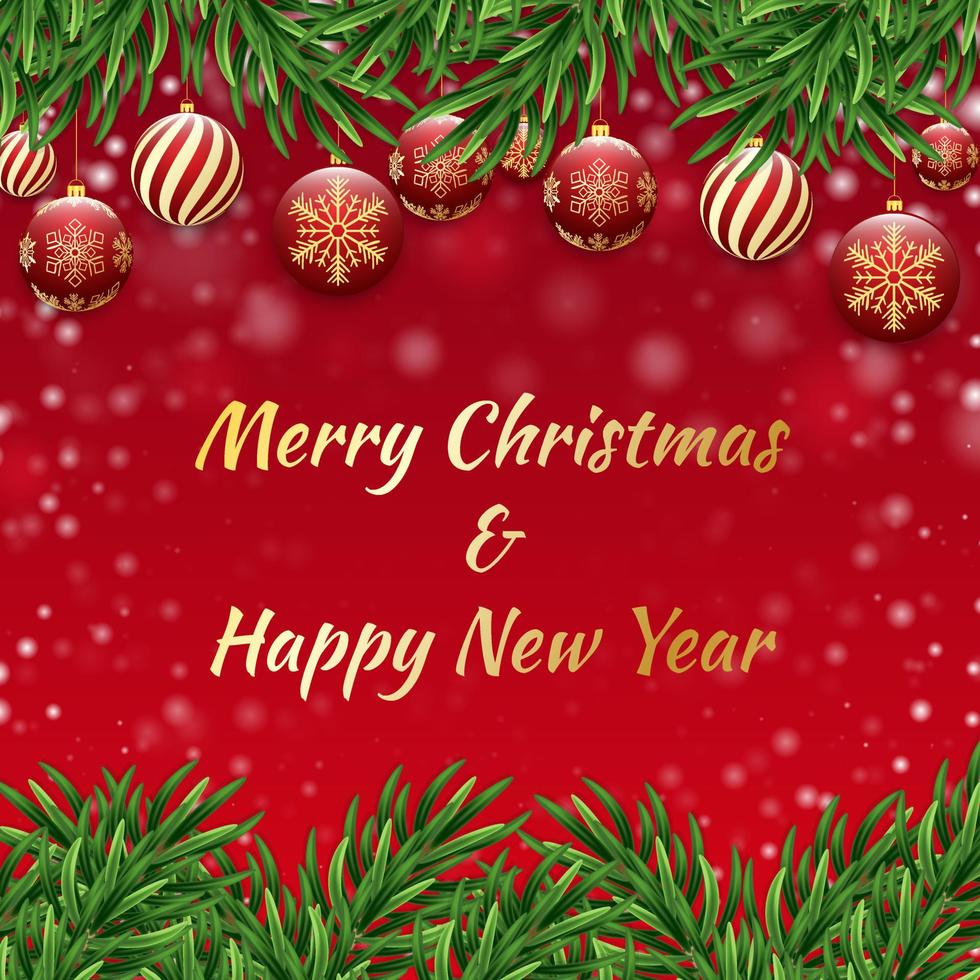 vrolijk Kerstmis en gelukkig nieuw jaar Aan een rood achtergrond. vrolijk Kerstmis met Kerstmis ballen en Spar takken. winter vakantie boom decoratie voor Kerstmis en nieuw jaar vector illustratie.