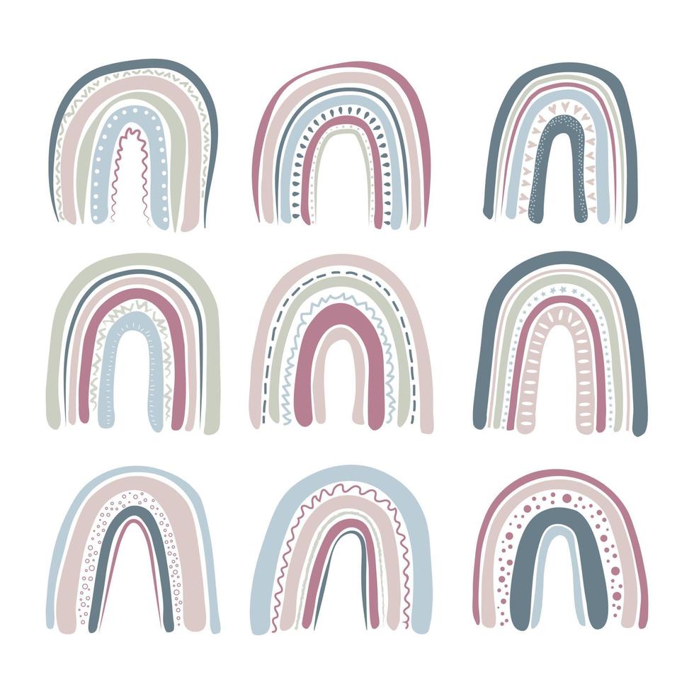 schattig baby boho regenboog reeks in Scandinavisch stijl, lief decoratie geïsoleerd Aan wit achtergrond. pastel kleuren vector