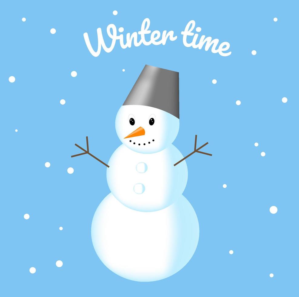 een sneeuwman met een emmer Aan zijn hoofd geïsoleerd Aan een blauw achtergrond vector