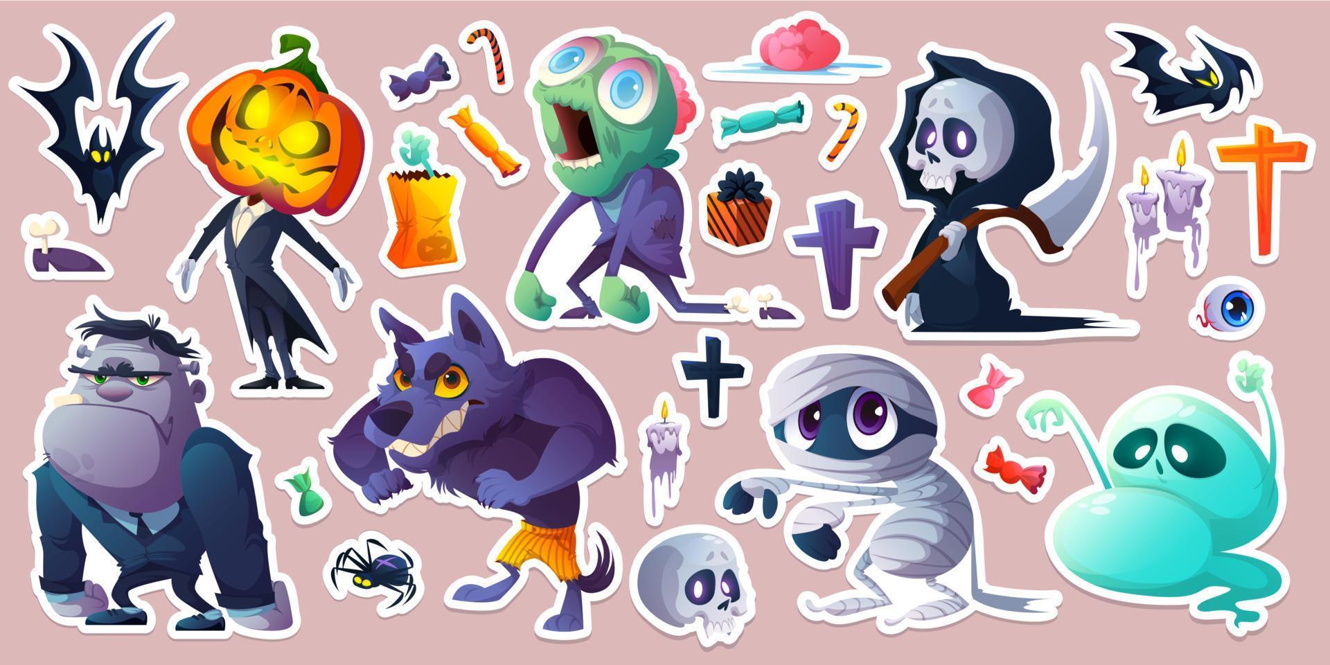 halloween stickers met monsters, vleermuizen, snoepjes vector