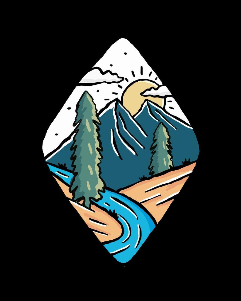 hand- tekening van de rivier- en berg natuur buitenshuis voor t-shirt, sticker, en insigne ontwerp vector